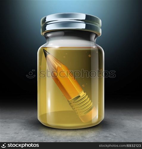 Preserving education concept and to preserve learning and design metaphor as a jar with a pencil preserved in preservative formaldehyde as a 3D illustration.