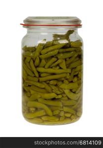 Preserving jar containing french beans, isolated on white