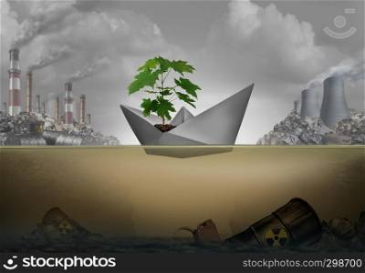 Preserving the environment and save the world concept as a paper boat protecting a green sapling tree on a mission to protect nature with 3D illustration elements.