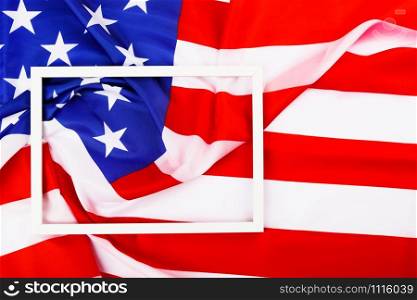 President&rsquo;s Day Concept, flat lay top view, America Flag and photo frame background with copy space for your text
