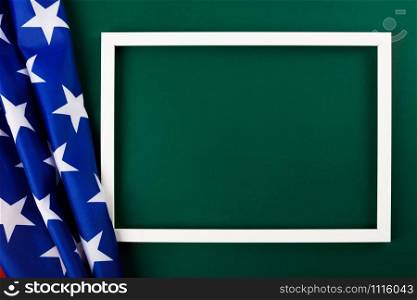 President&rsquo;s Day Concept, flat lay top view, America Flag and photo frame on Olive green background with copy space for your text