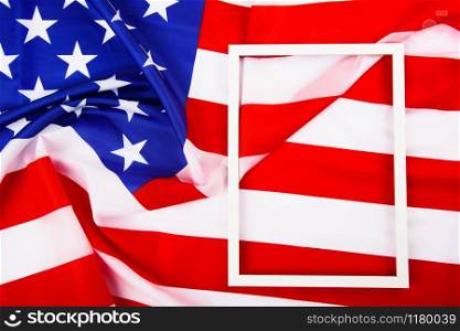 President&rsquo;s Day Concept, flat lay top view, America Flag and photo frame background with copy space for your text