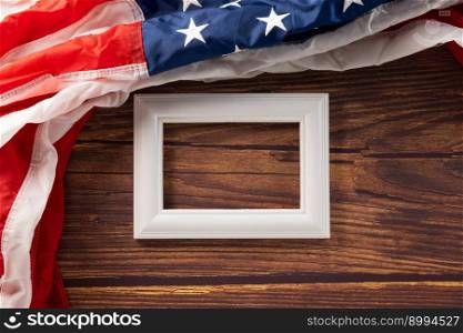 President’s Day. USA flag for Memorial day on abstract wooden background, flag of United States American and photo frame with space, Banner template design of presidents day concept
