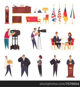 Presidential official residence workplace staff furniture accessories state flags podium speech reporters flat cartoon set vector illustration