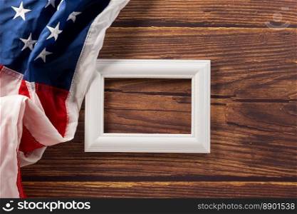 Presidents Day. flag of United States American and photo frame with space, USA flag for Memorial day on abstract wooden background, Banner template design of presidents day, Holiday background concept