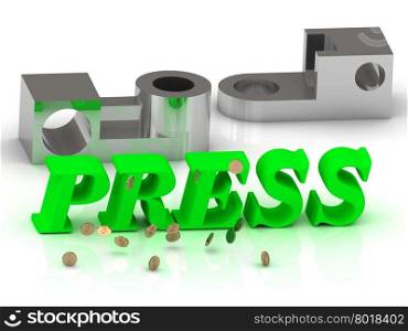 PRESS- words of color letters and silver details on white background