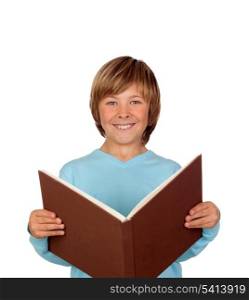 Preteen boy with a big book reading isolated on white background