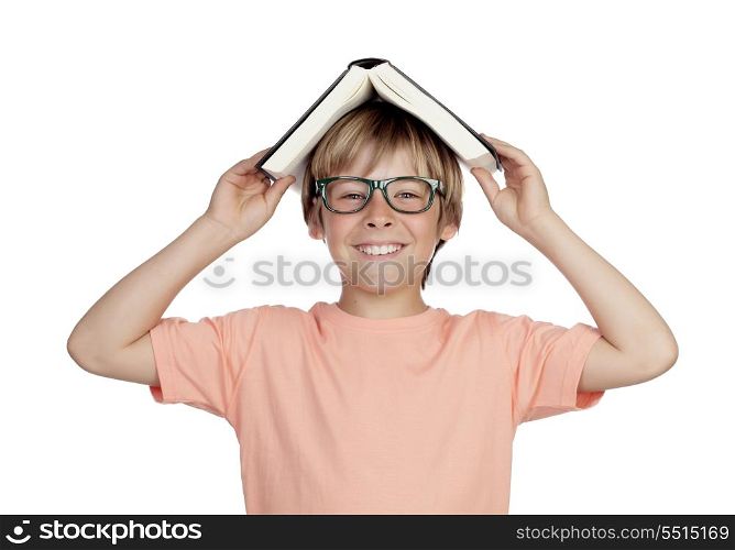 Preteen boy with a book and glasses isolated on white background