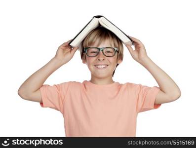 Preteen boy with a book and glasses isolated on white background