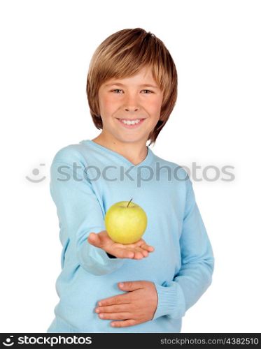 Preteen boy with a yellow apple isolated on white background