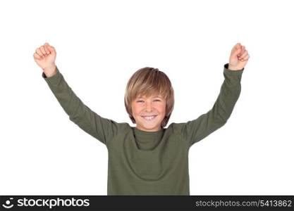 Preteen celebrating something isolated on a over white background
