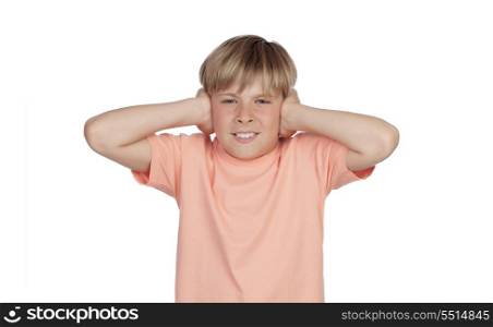 Preteen covering his ears isolated on white background