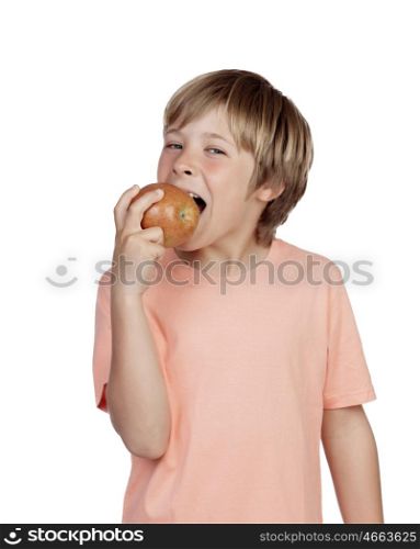 Preteen eating a red apple isolated on white background