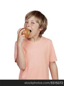 Preteen eating a red apple isolated on white background
