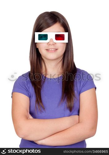 Preteen girl with three-dimensional glasses isolated on white background