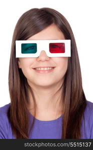 Preteen girl with three-dimensional glasses isolated on white background