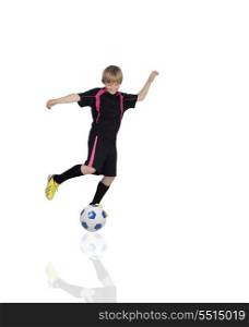 Preteen playing soccer isolated on a white background and his reflection in the floor