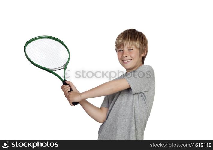 Preteen playing tennis holding racket isolated on white background