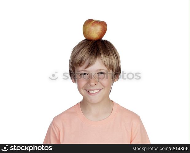 Preteen with a red apple on his head isolated on white background