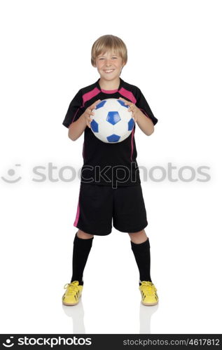 Preteen with a uniform for play soccer holding a ball isolated on white background