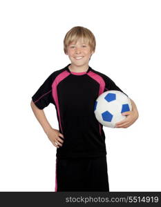 Preteen with a uniform for play soccer holding a ball isolated on white background