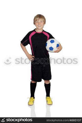 Preteen with a uniform for play soccer isolated on white background