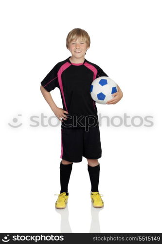 Preteen with a uniform for play soccer isolated on white background