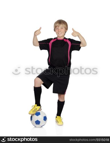 Preteen with a uniform for play soccer saying Ok isolated on white background