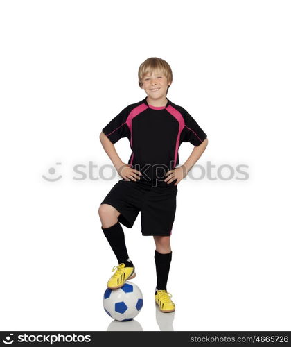 Preteen with a uniform for play soccer stepping the ball isolated on white background