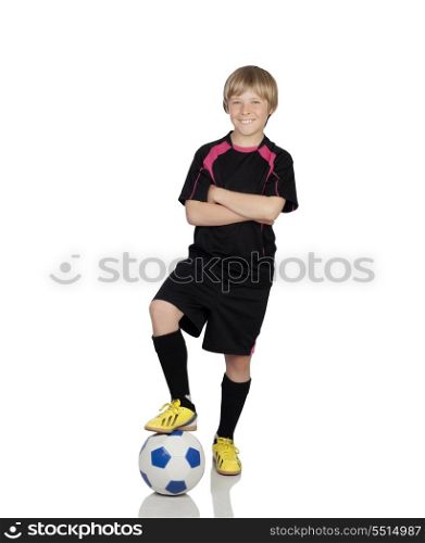 Preteen with a uniform for play soccer stepping the ball isolated on white background