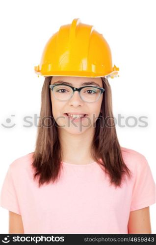 Preteen with construction helmet isolated on white background