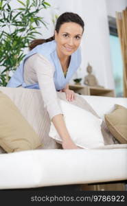 pretty adult woman cleaning sofa at home