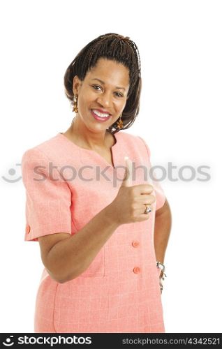 Pretty african-american businesswoman giving the thumbs up sign. Isolated on white.