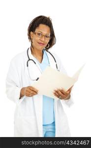 Pretty african-american doctor wearing glasses and holding a medical chart. Isolated on white.