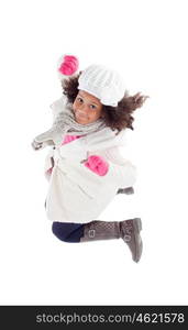 Pretty african girl jumping with winter clothes isolated on a white background