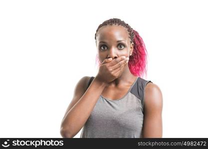 Pretty african girl wearing sport clothes extremely surprised isolated on white background