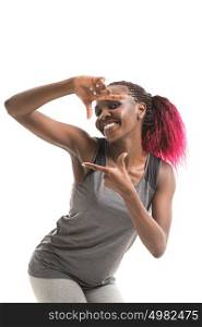 Pretty african girl wearing sport clothes gesturing frame isolated on white background