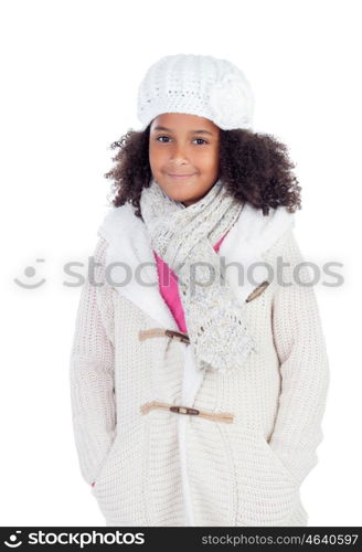 Pretty african girl with winter clothes isolated on a white background