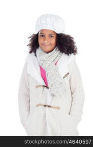 Pretty african girl with winter clothes isolated on a white background