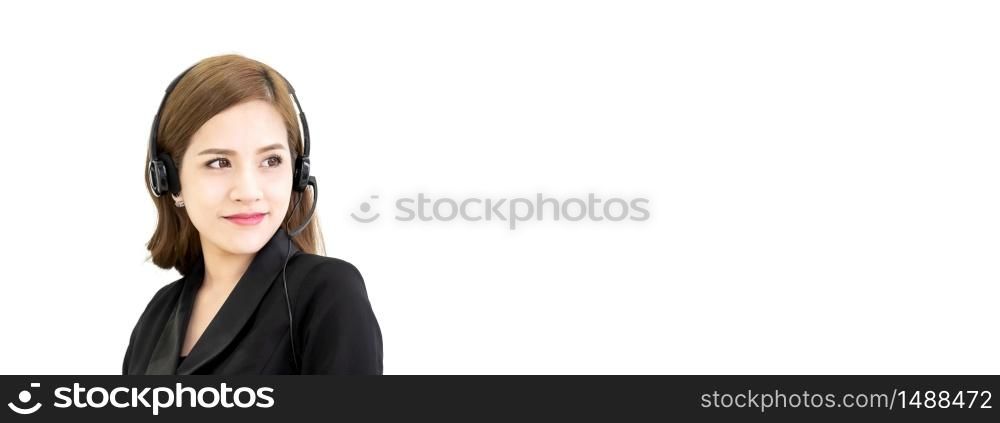 Pretty Asian woman Operator working in call center on white background. Banner, Panoramic.