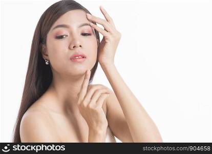 Pretty asian woman portrait with long straight hair on white background
