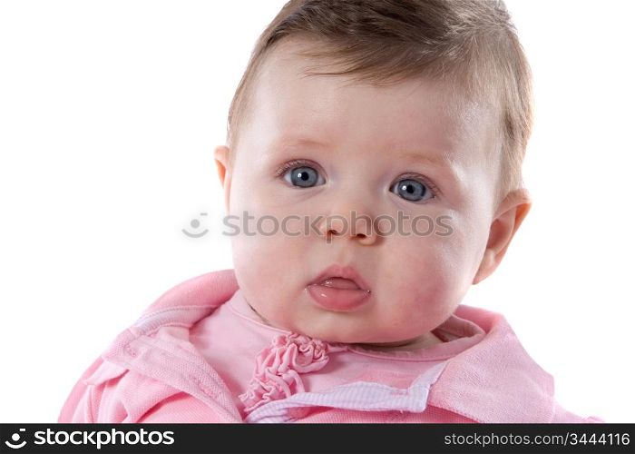 Pretty baby girl in pink isolated over white