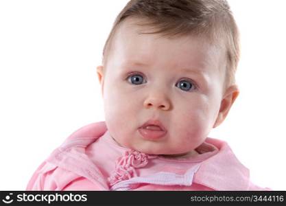 Pretty baby girl in pink isolated over white