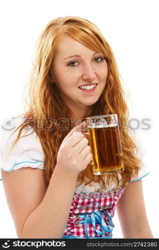 pretty bavarian girl with a glass of beer. pretty bavarian girl with a glass of beer on white background