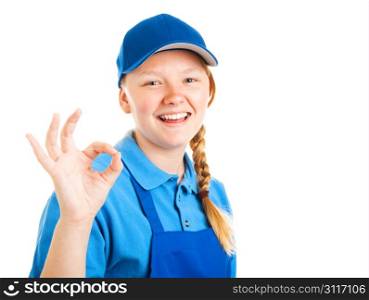 Pretty blond teenage girl in a work uniform, giving the okay sign. Isolated on white.