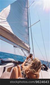 Pretty blond woman having fun on sailboat. With wonder taking photos of a white sail. Enjoying sunny summer day on water cruise.. Pretty woman having fun on the boat