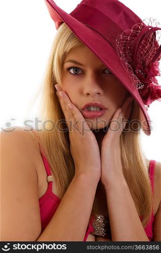 pretty blond woman with a red hat with hand near face in act to be surprised