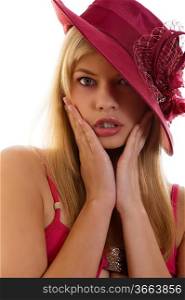 pretty blond woman with a red hat with hand near face in act to be surprised
