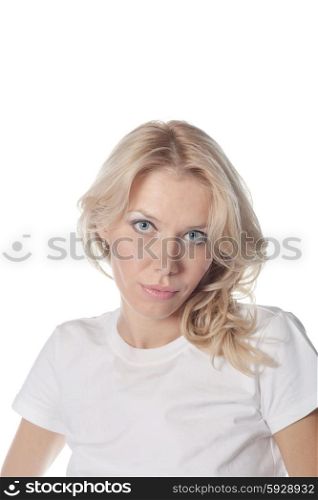 pretty blond women face and shoulders shot on white. blond women face and shoulders shot on white