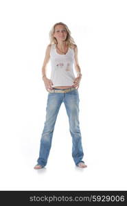 pretty blond women on white background. Weared in jeans and white shirt. pretty blond women on white background